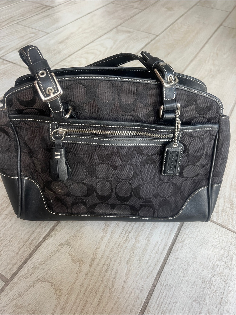 Coach Black Signature Canvas Shoulder Bag with Leather Trim
